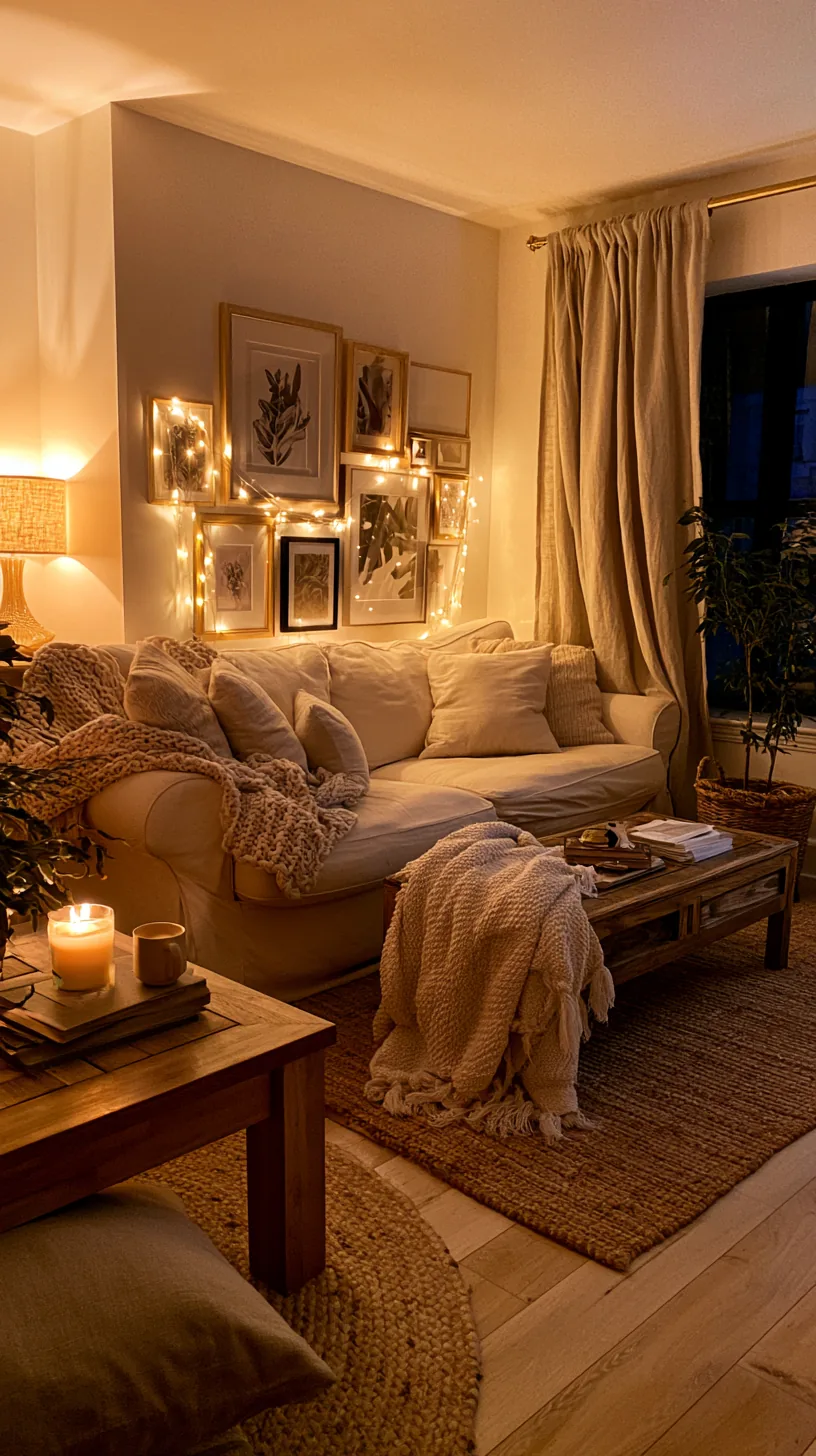 warm white string lights draped as art on a living room wall, photo 8 of 8