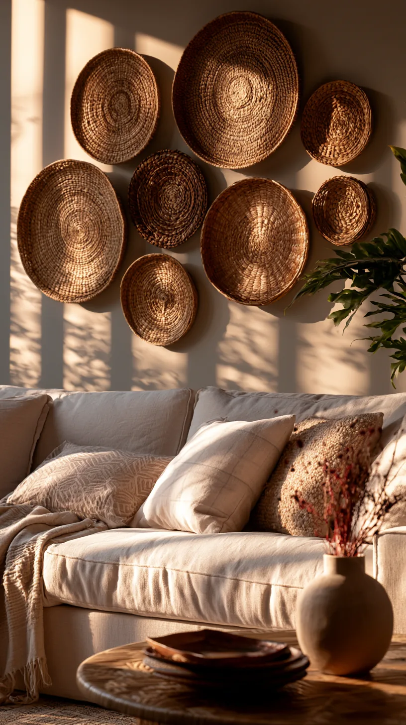 a cluster of woven wall baskets arranged on a living room wall, photo 1 of 4