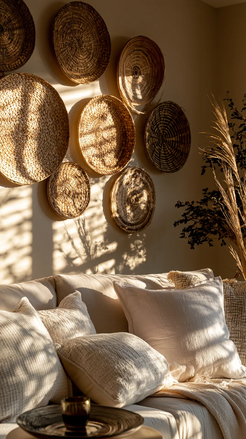 a cluster of woven wall baskets arranged on a living room wall, photo 3 of 4