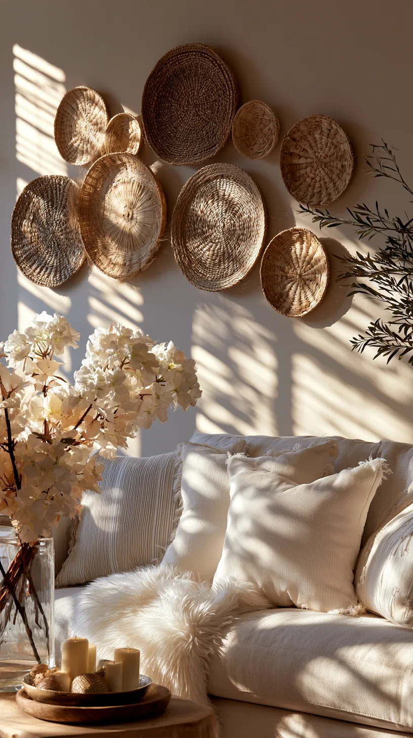 a cluster of woven wall baskets arranged on a living room wall, photo 4 of 4
