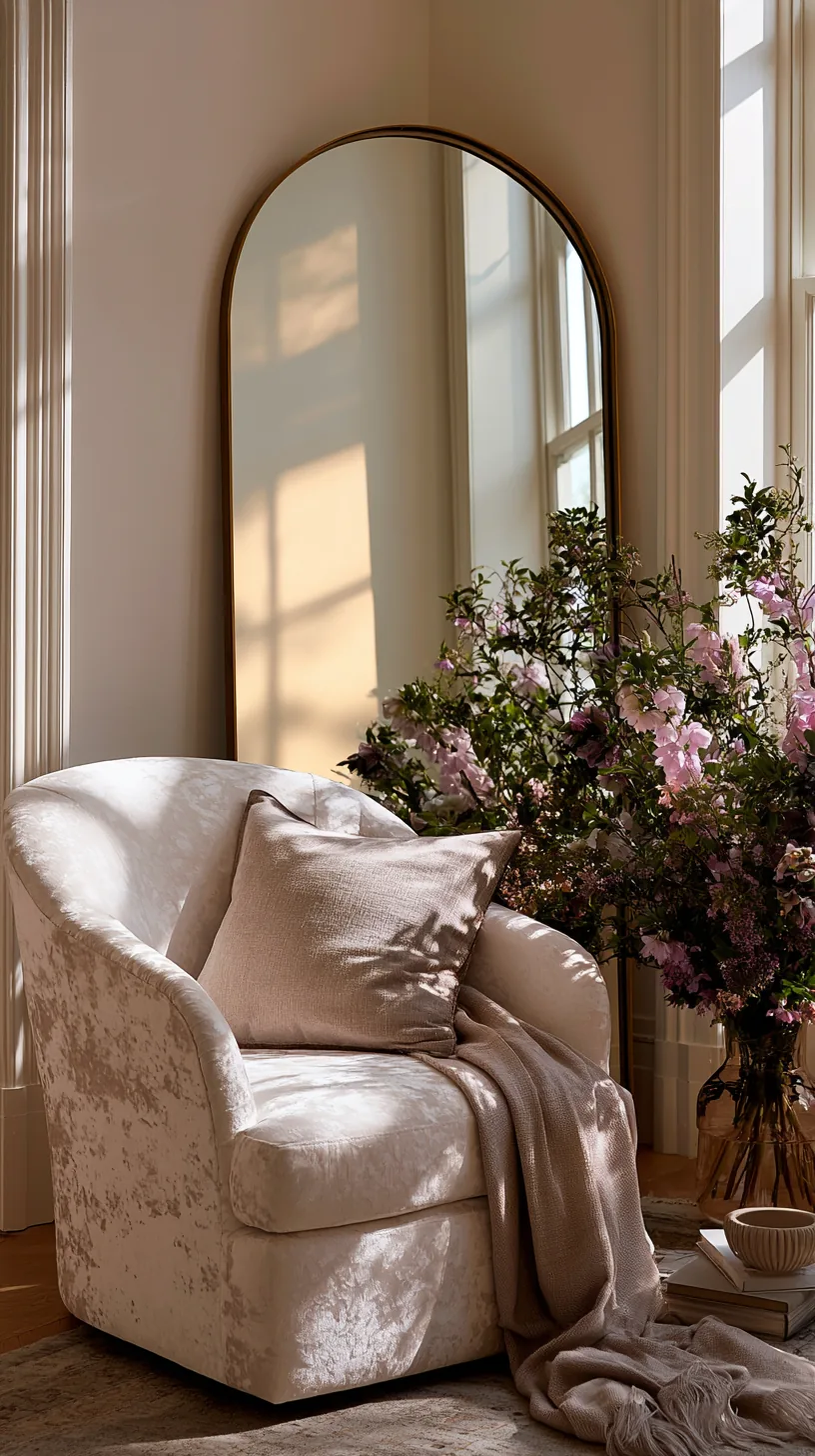 an arched mirror hung as a focal piece on a living room wall, photo 3 of 4