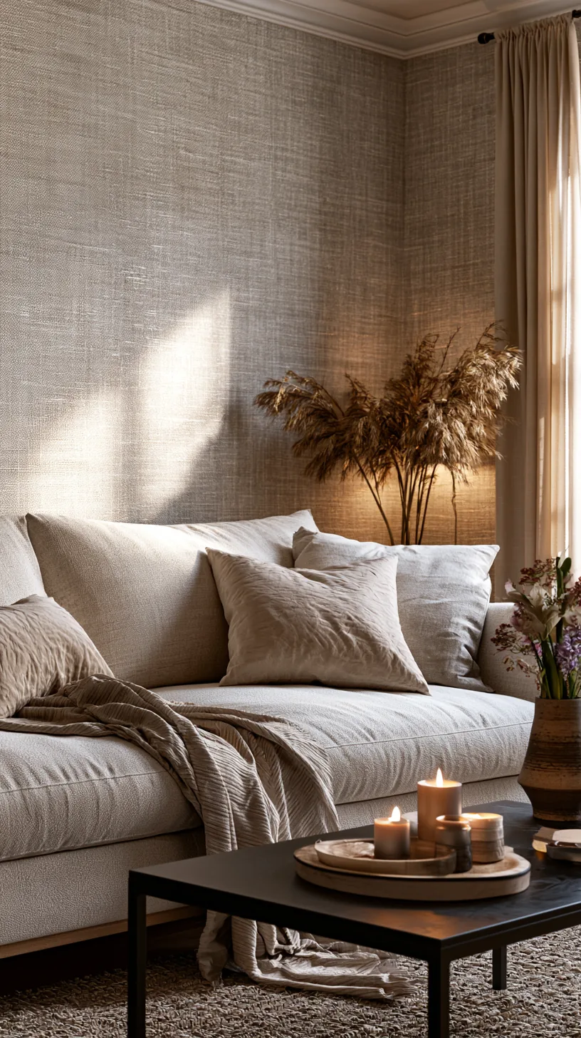 a framed grasscloth textured panel on a living room wall, photo 1 of 4