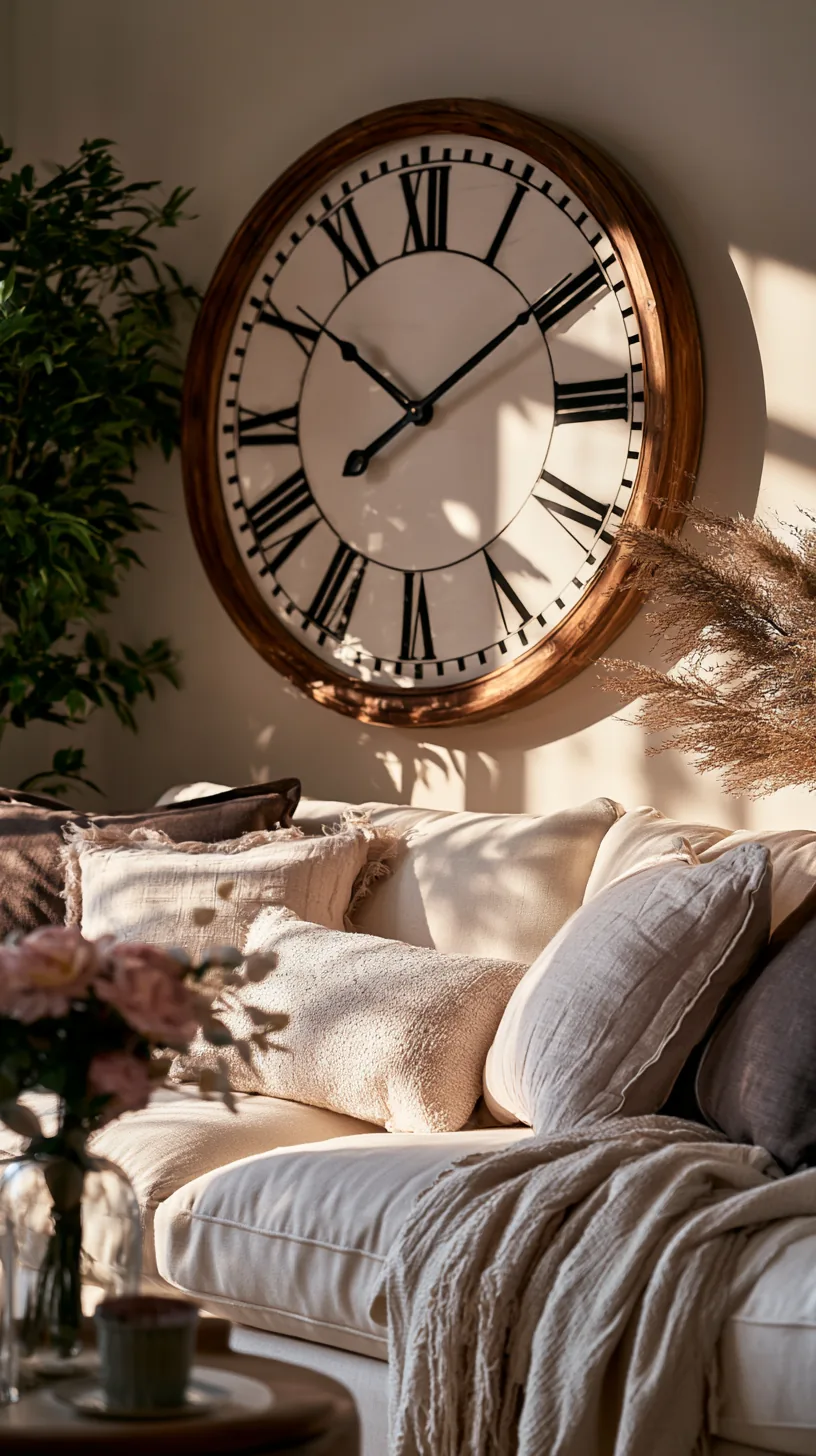 a large decorative wall clock as art on a living room wall, photo 1 of 4