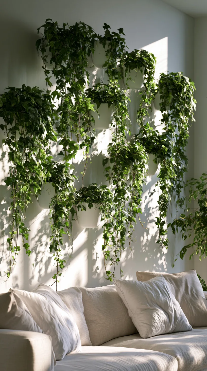 a set of wall mounted planters with trailing plants as living art on a living room wall, photo 3 of 4