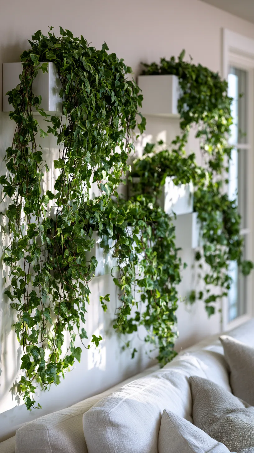 a set of wall mounted planters with trailing plants as living art on a living room wall, photo 4 of 4