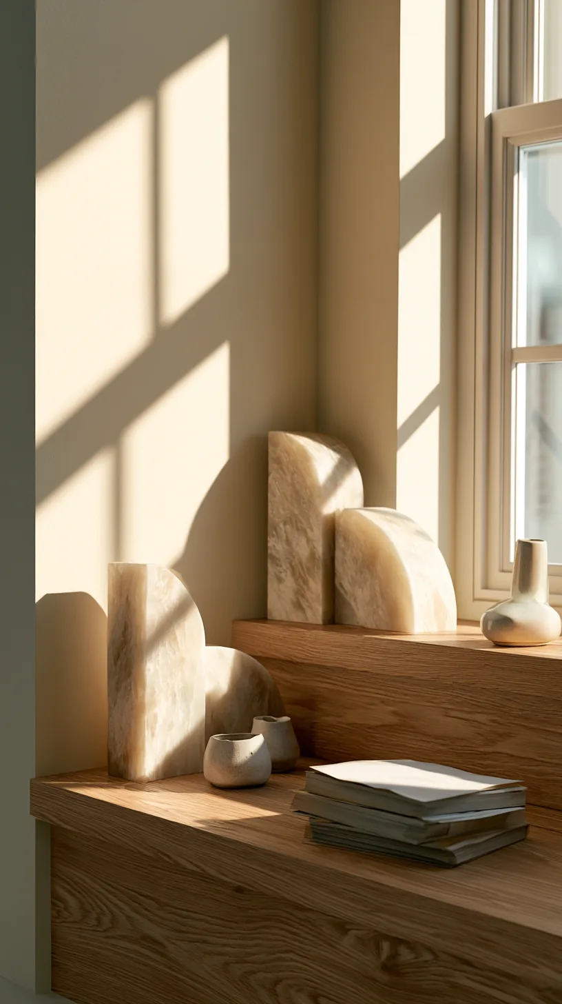 sculptural bookends and decorative objects styled on a living room shelf, photo 2 of 4