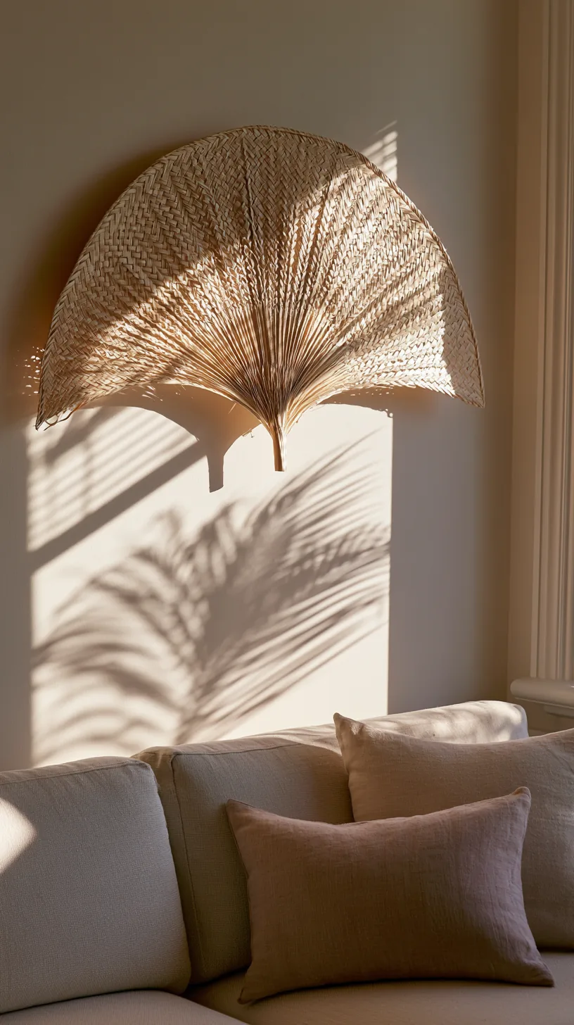 a large woven fan wall piece as art on a living room wall, photo 1 of 4