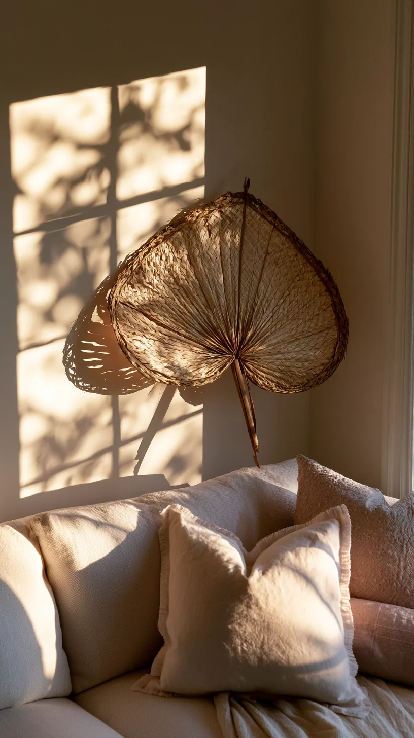a large woven fan wall piece as art on a living room wall, photo 3 of 4