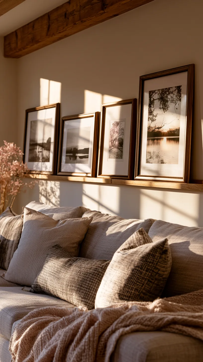 a picture rail system holding rotating art on a living room wall, photo 1 of 7