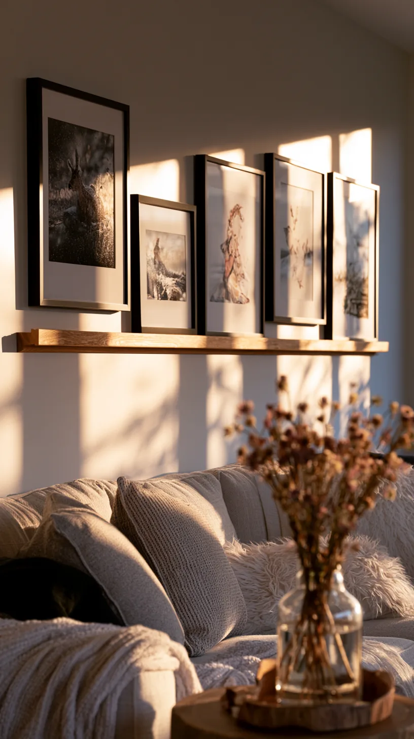 a picture rail system holding rotating art on a living room wall, photo 2 of 7