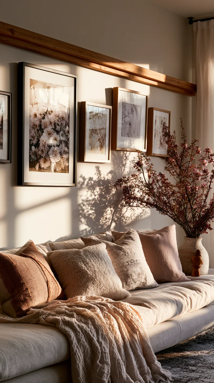 a picture rail system holding rotating art on a living room wall, photo 3 of 7