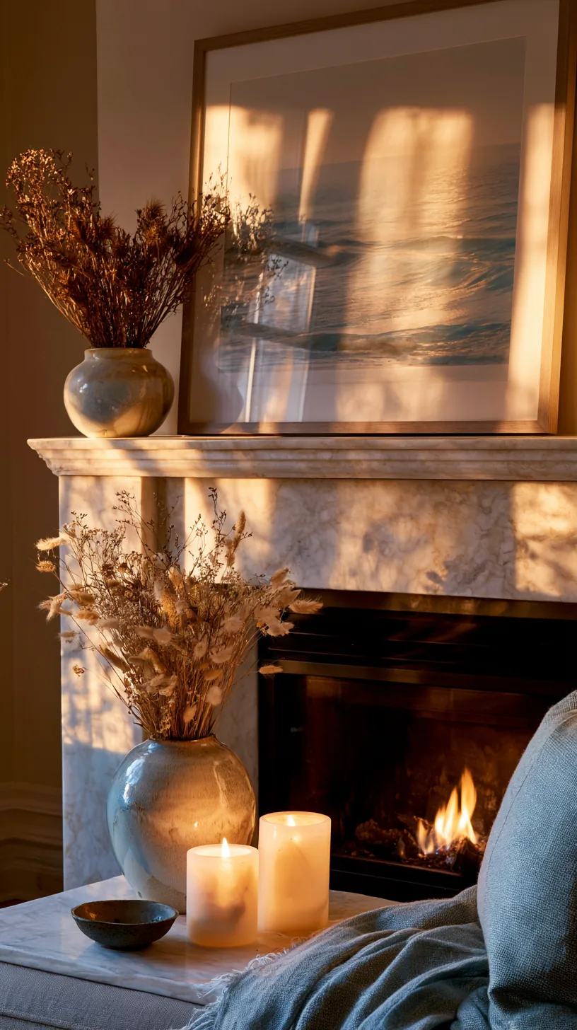 a styled mantel with layered decor beneath framed art in a living room, photo 2 of 4