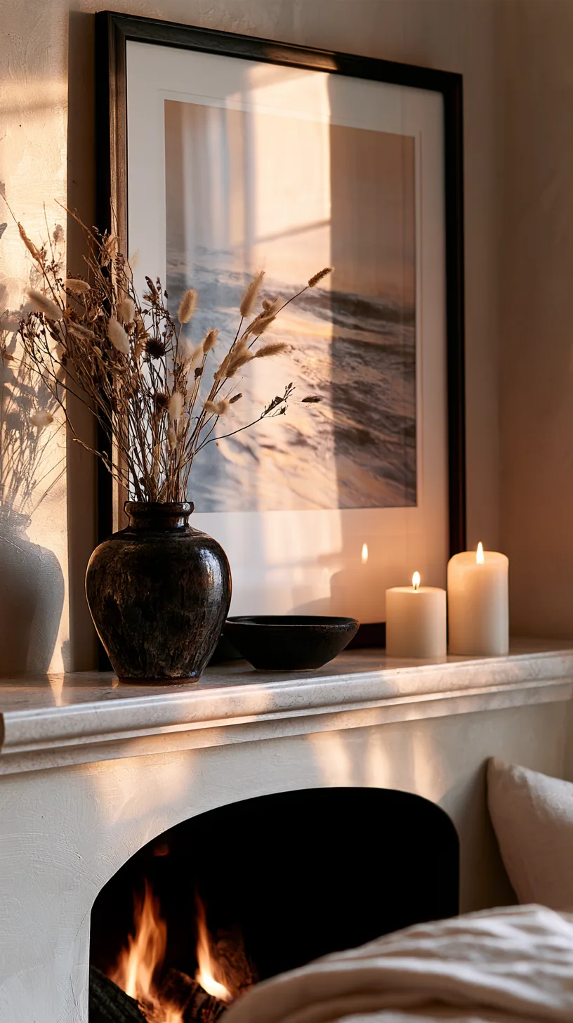 a styled mantel with layered decor beneath framed art in a living room, photo 3 of 4
