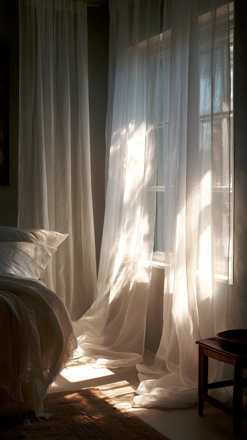 sheer grey and white curtains softening the light in a living room, photo 1 of 4