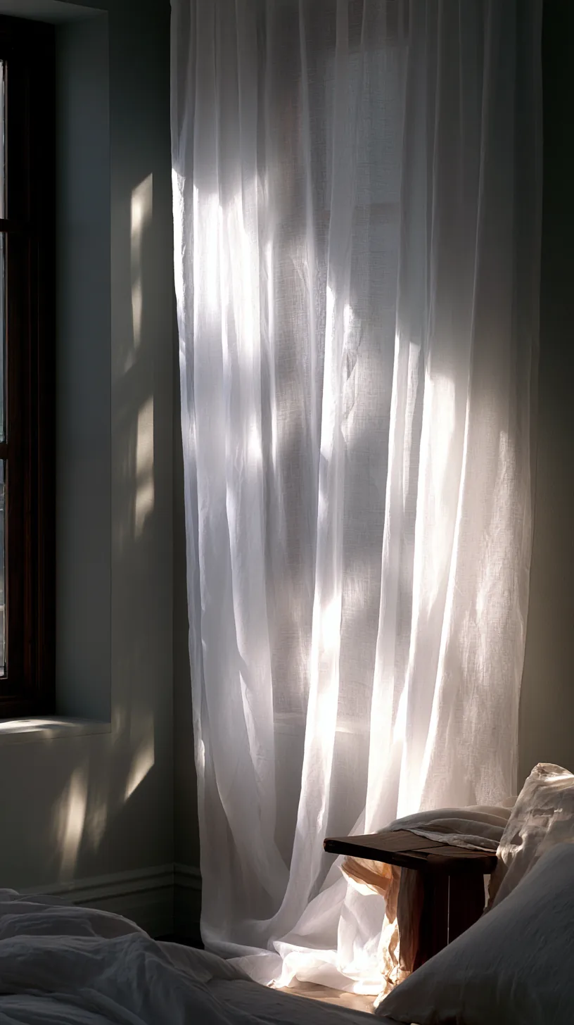 sheer grey and white curtains softening the light in a living room, photo 2 of 4