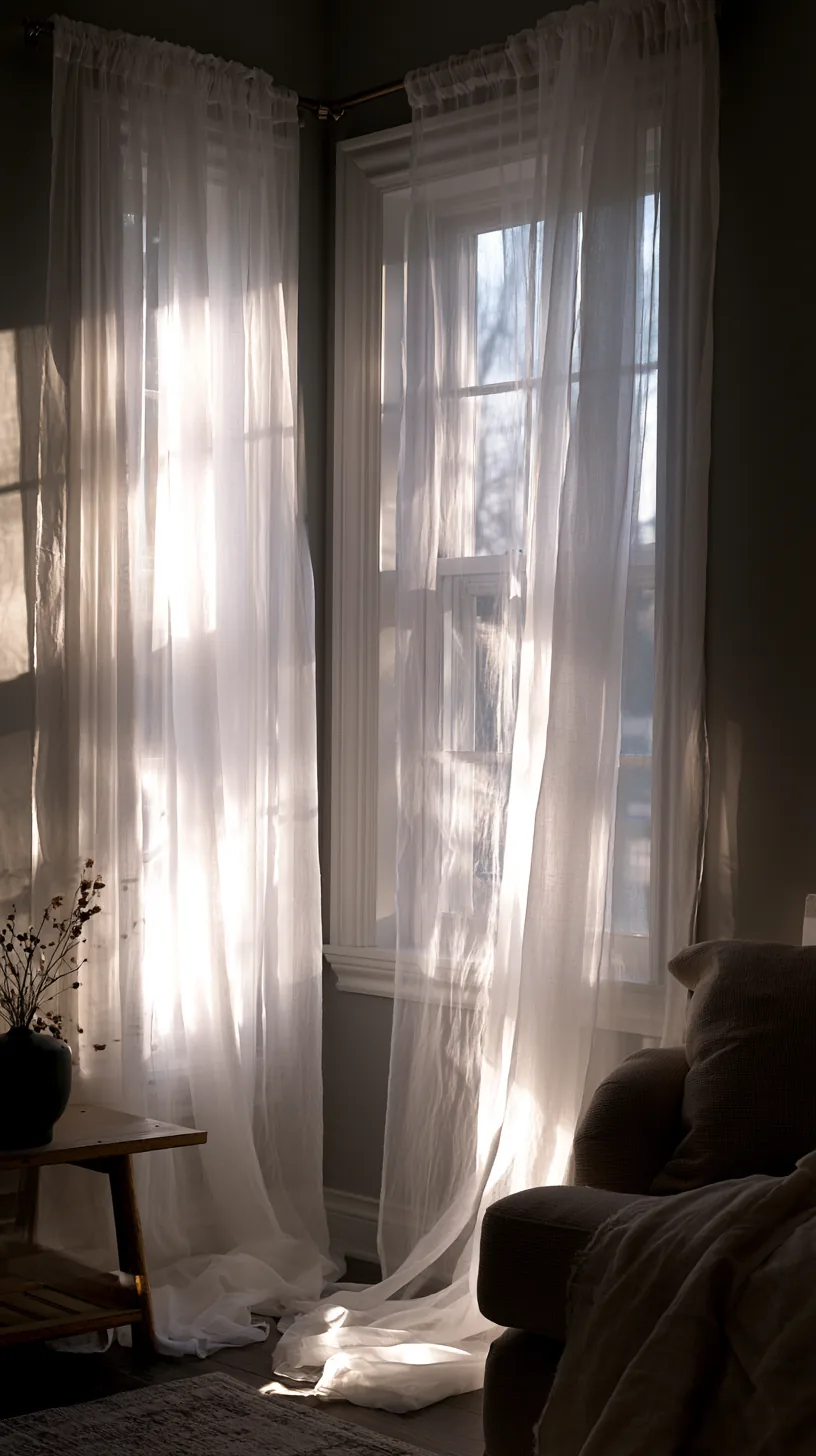 sheer grey and white curtains softening the light in a living room, photo 3 of 4