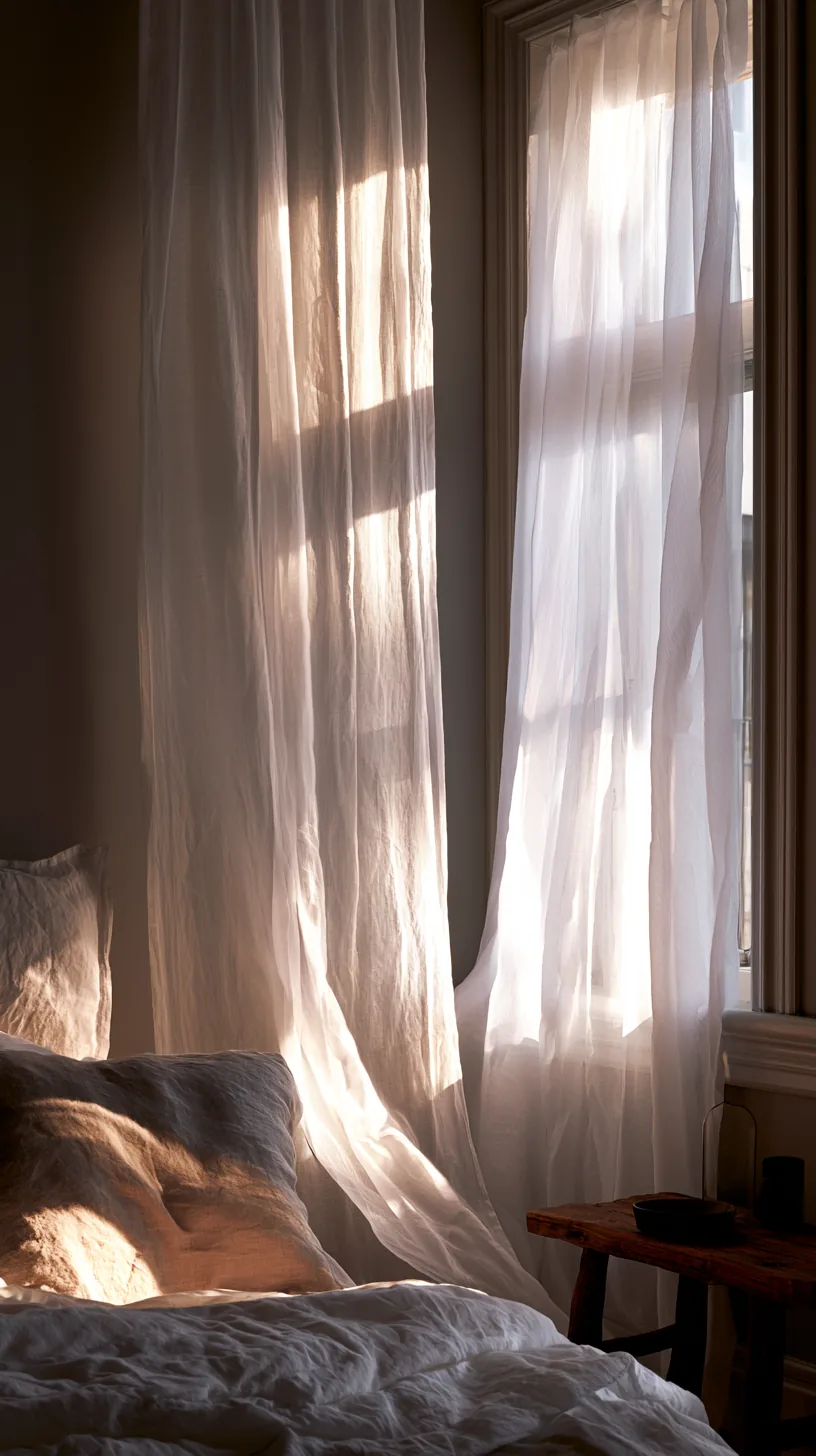 sheer grey and white curtains softening the light in a living room, photo 4 of 4