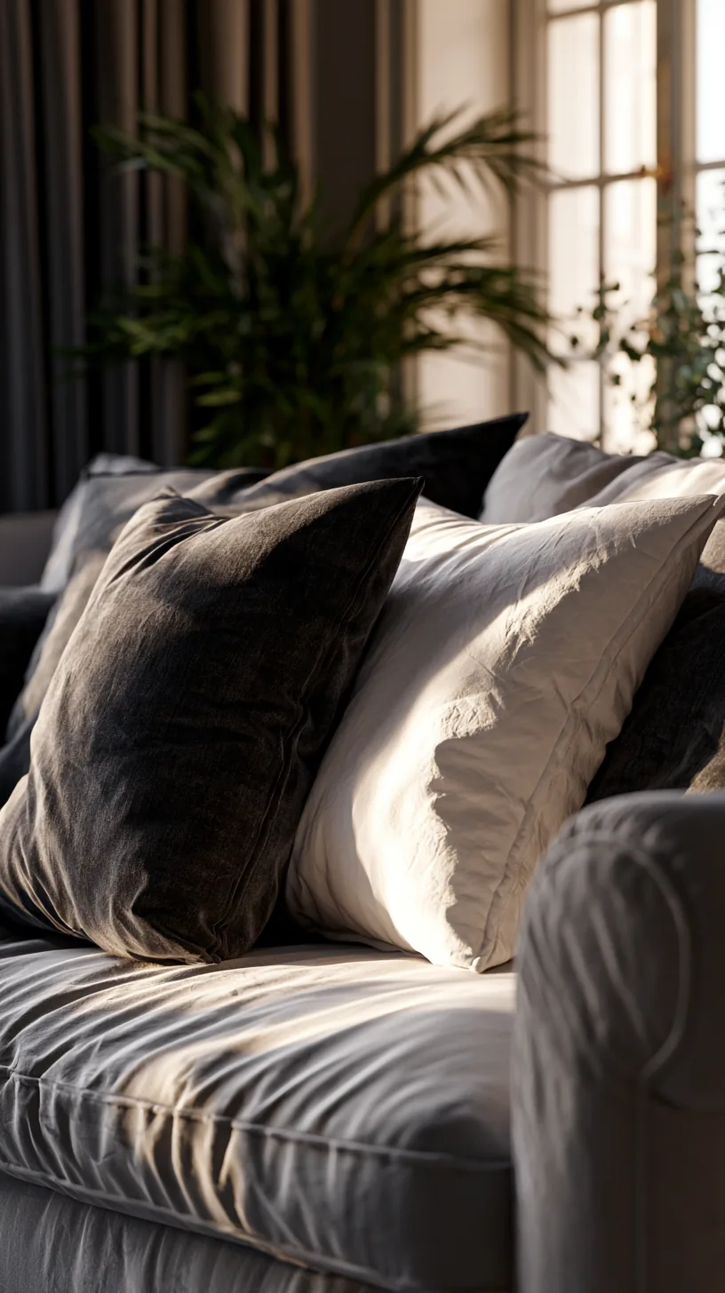 charcoal and white throw pillows layered on a grey sofa, photo 1 of 4