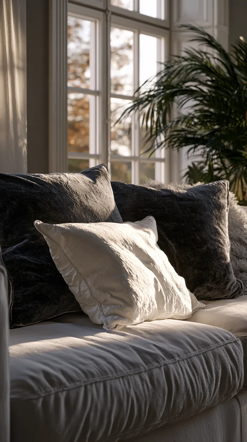 charcoal and white throw pillows layered on a grey sofa, photo 2 of 4