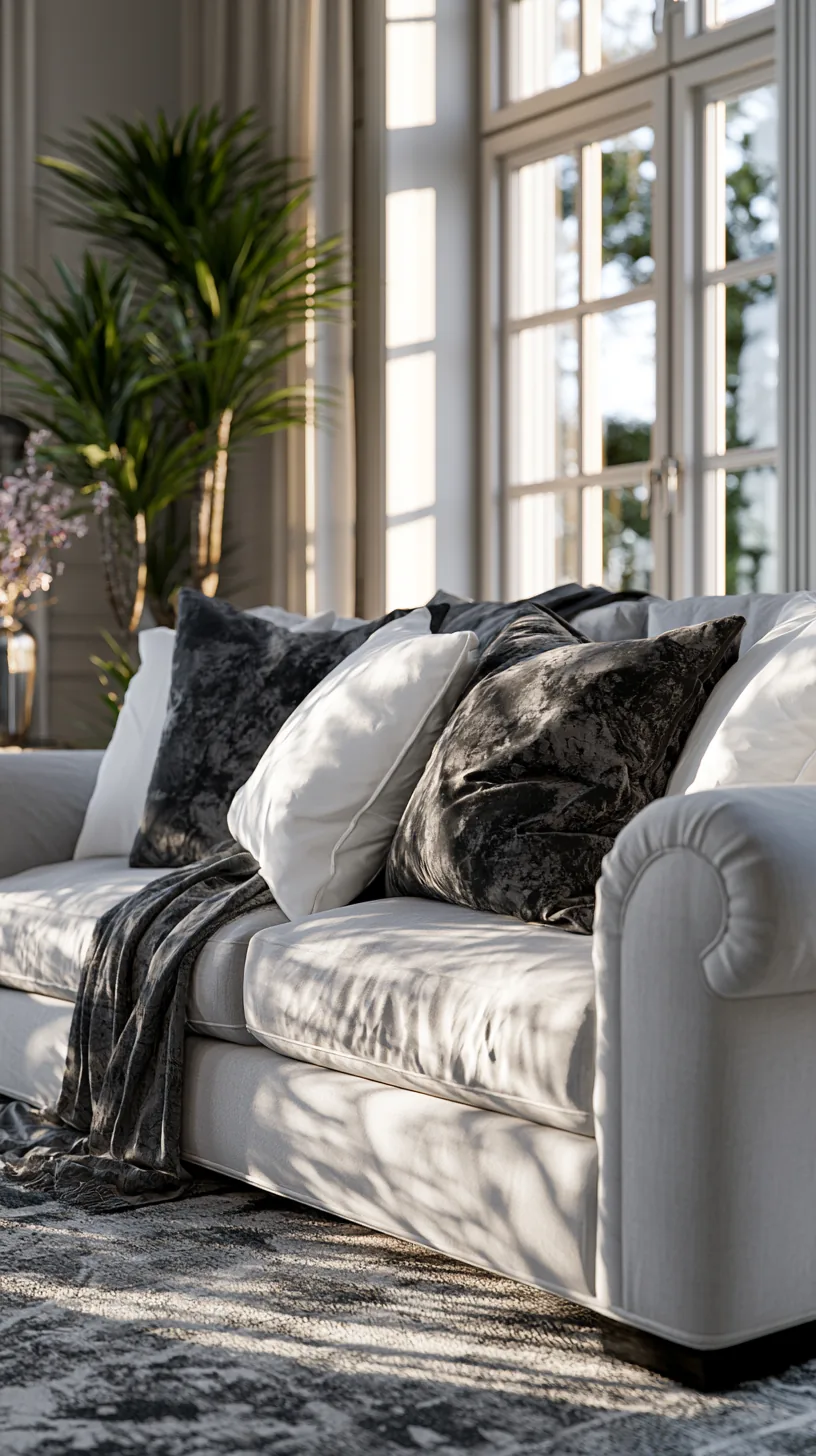 charcoal and white throw pillows layered on a grey sofa, photo 3 of 4