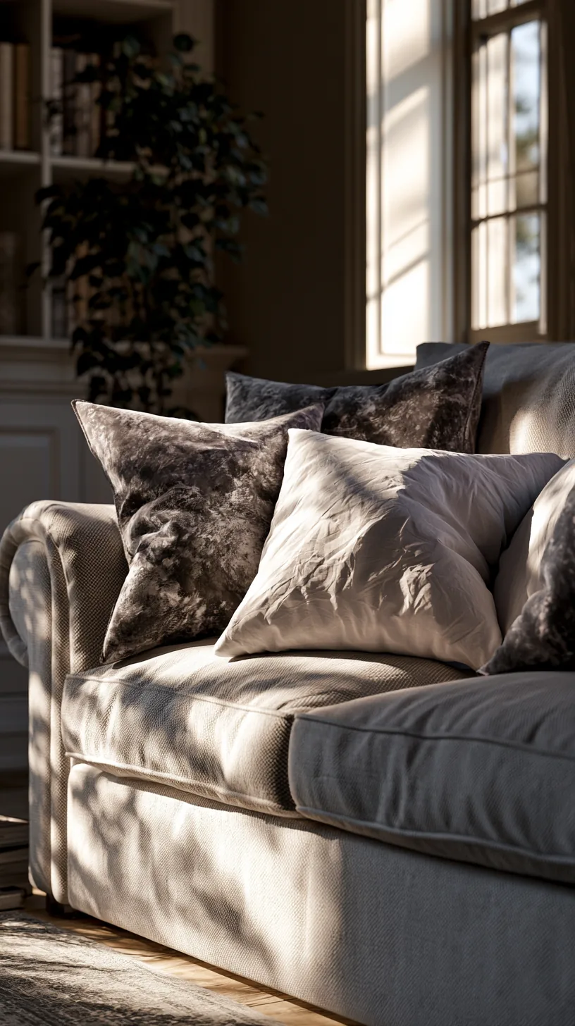 charcoal and white throw pillows layered on a grey sofa, photo 4 of 4