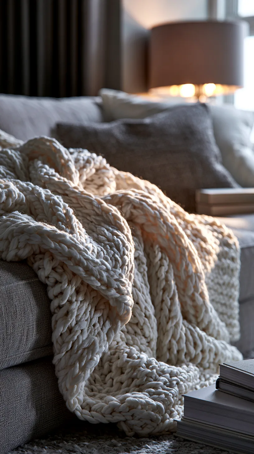 a chunky knit throw blanket draped over a grey living room sofa, photo 1 of 4