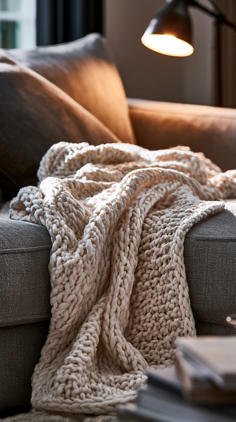 a chunky knit throw blanket draped over a grey living room sofa, photo 2 of 4