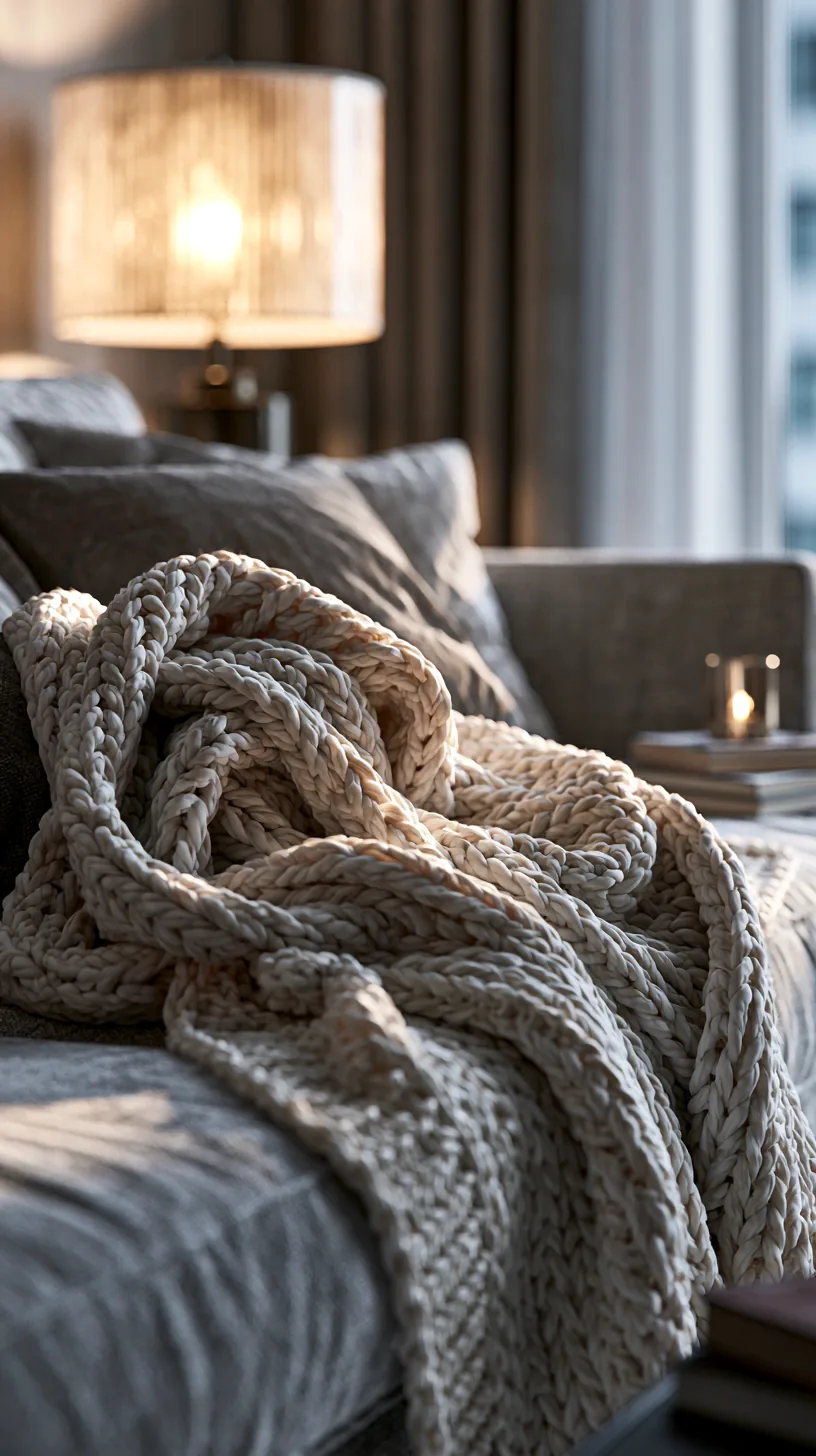 a chunky knit throw blanket draped over a grey living room sofa, photo 3 of 4