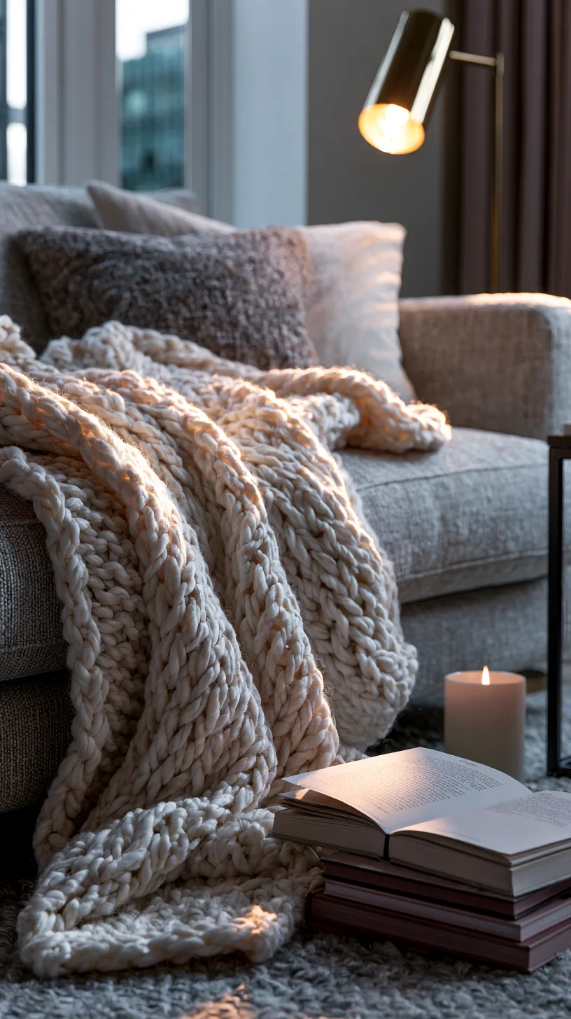 a chunky knit throw blanket draped over a grey living room sofa, photo 4 of 4