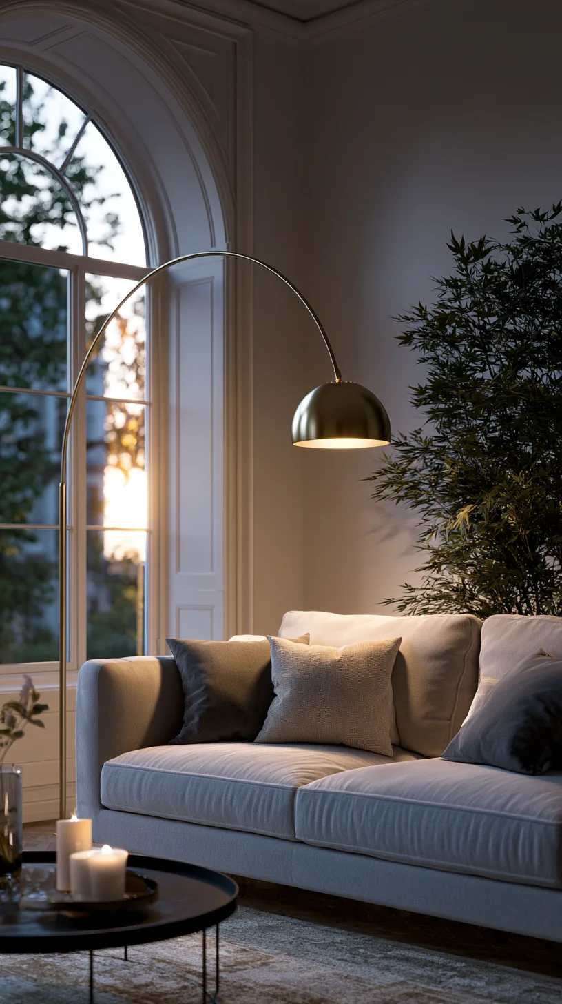 a sculptural arc floor lamp glowing over a grey and white living room sofa, photo 1 of 4