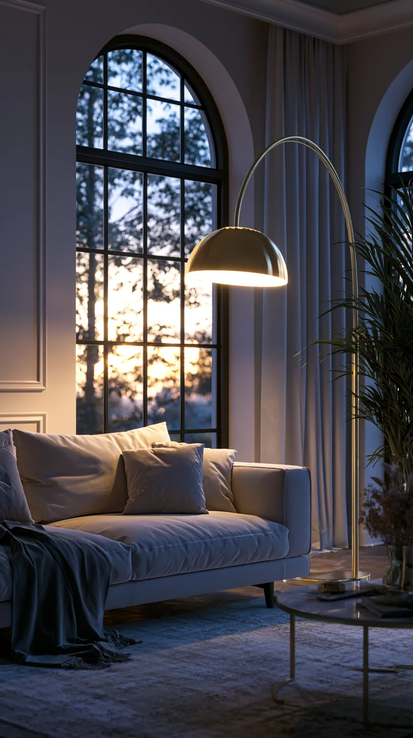 a sculptural arc floor lamp glowing over a grey and white living room sofa, photo 2 of 4
