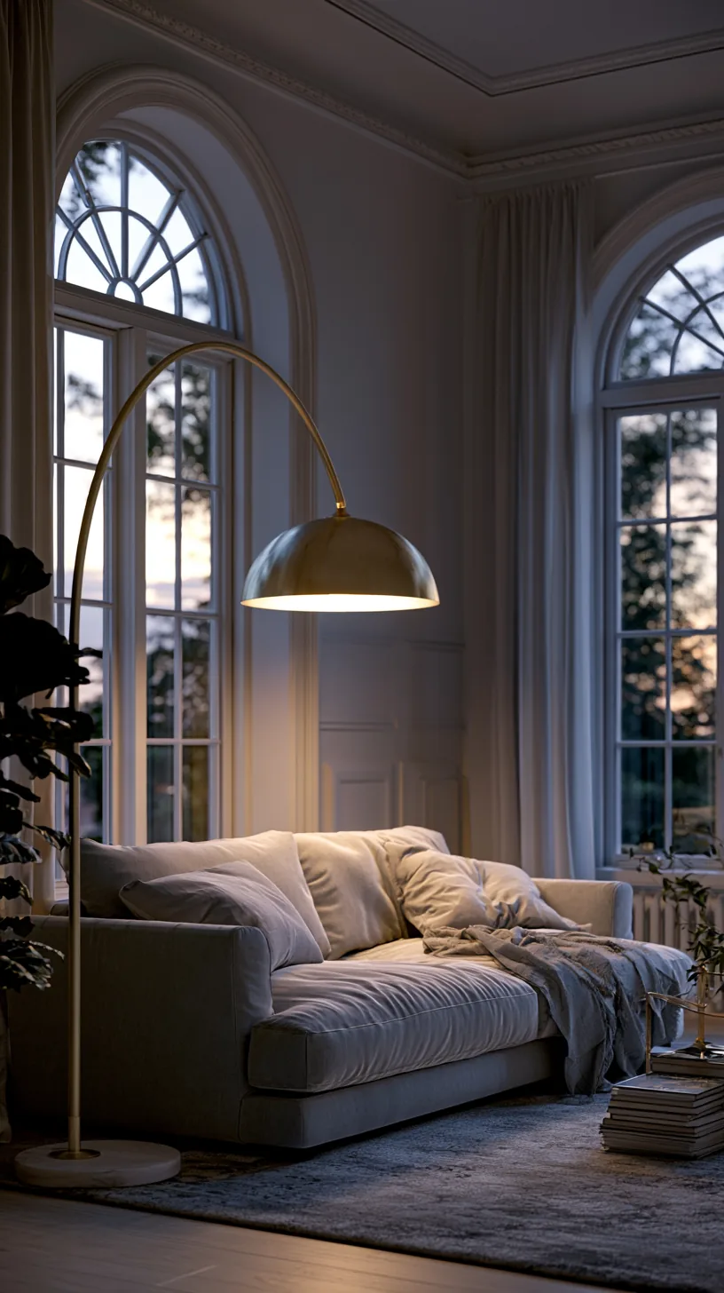 a sculptural arc floor lamp glowing over a grey and white living room sofa, photo 3 of 4