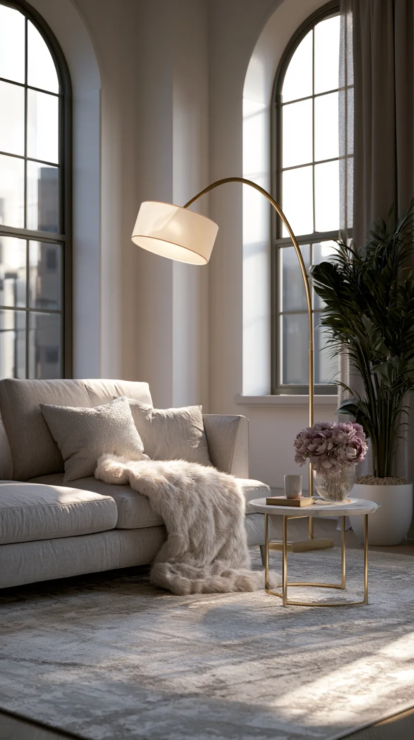 a sculptural arc floor lamp glowing over a grey and white living room sofa, photo 4 of 4