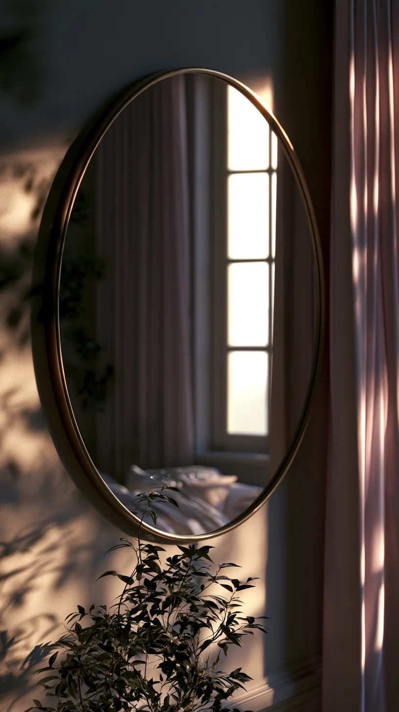 a large round mirror reflecting light in a grey and white living room, photo 2 of 4
