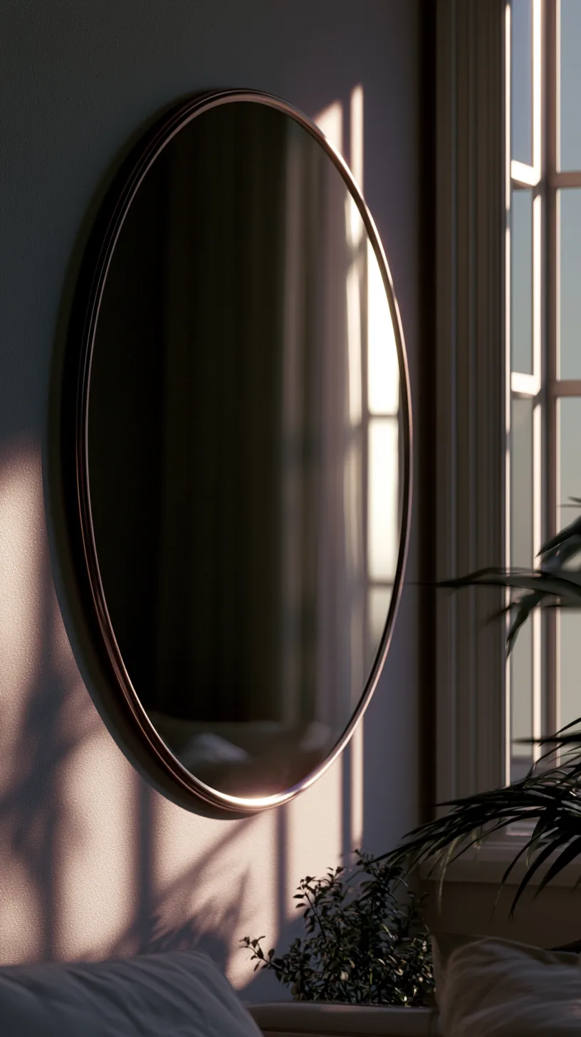 a large round mirror reflecting light in a grey and white living room, photo 3 of 4