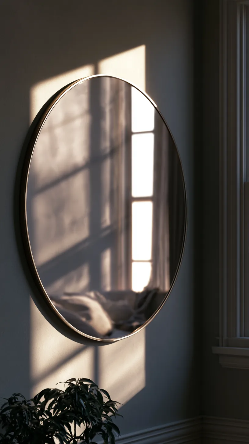 a large round mirror reflecting light in a grey and white living room, photo 4 of 4