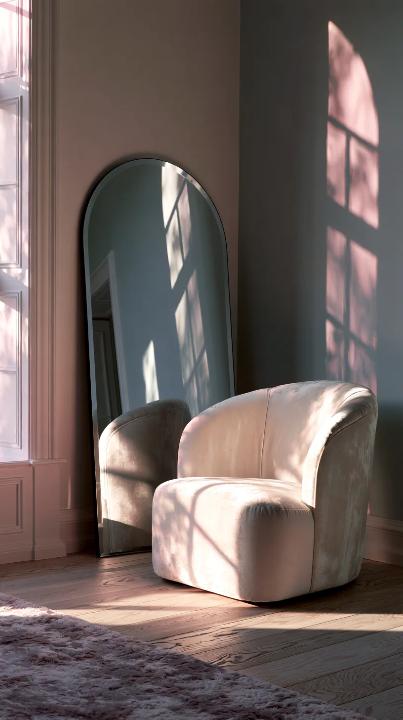 an arched mirror as a soft focal point in a grey and white living room, photo 1 of 4