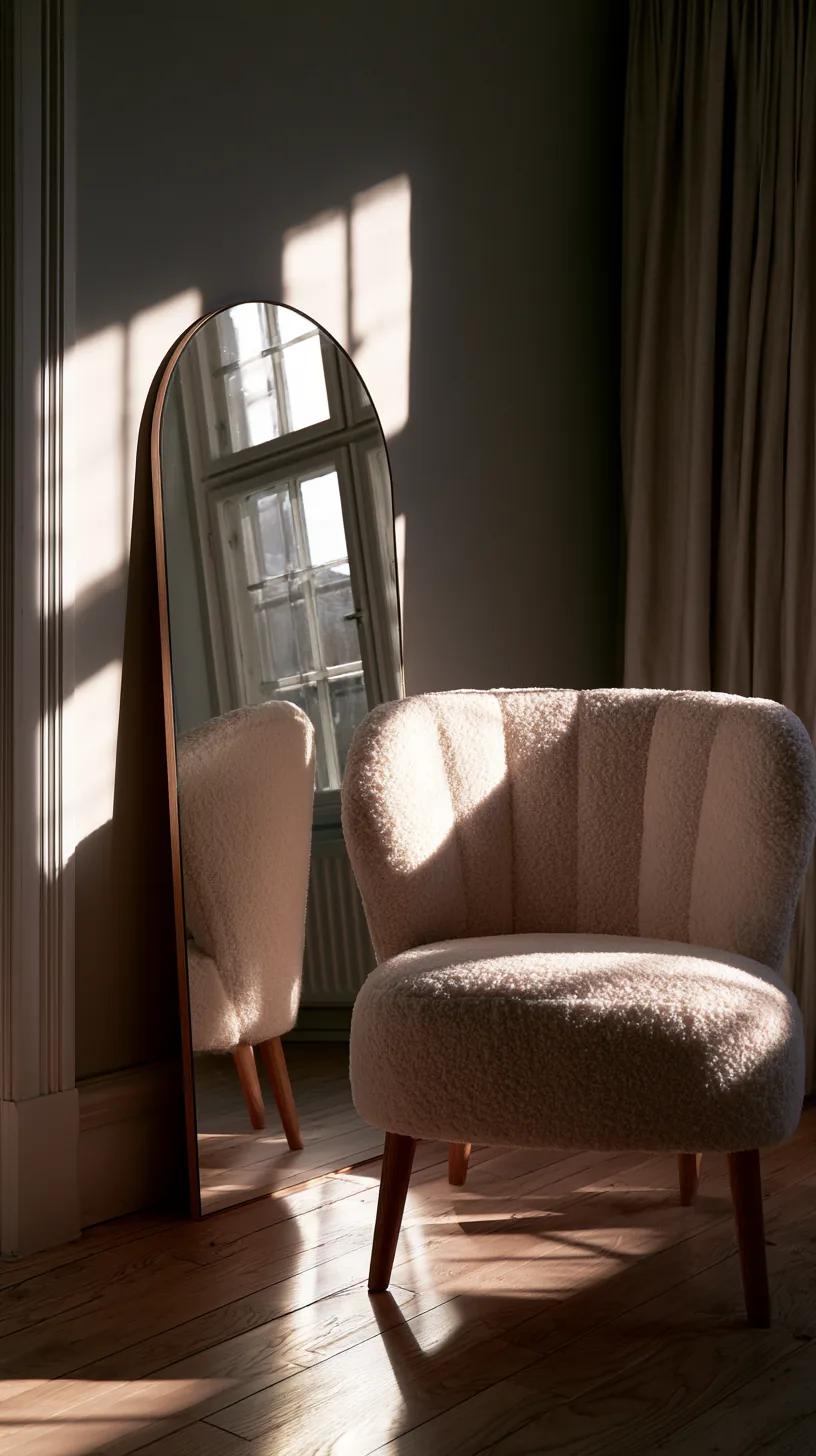 an arched mirror as a soft focal point in a grey and white living room, photo 2 of 4