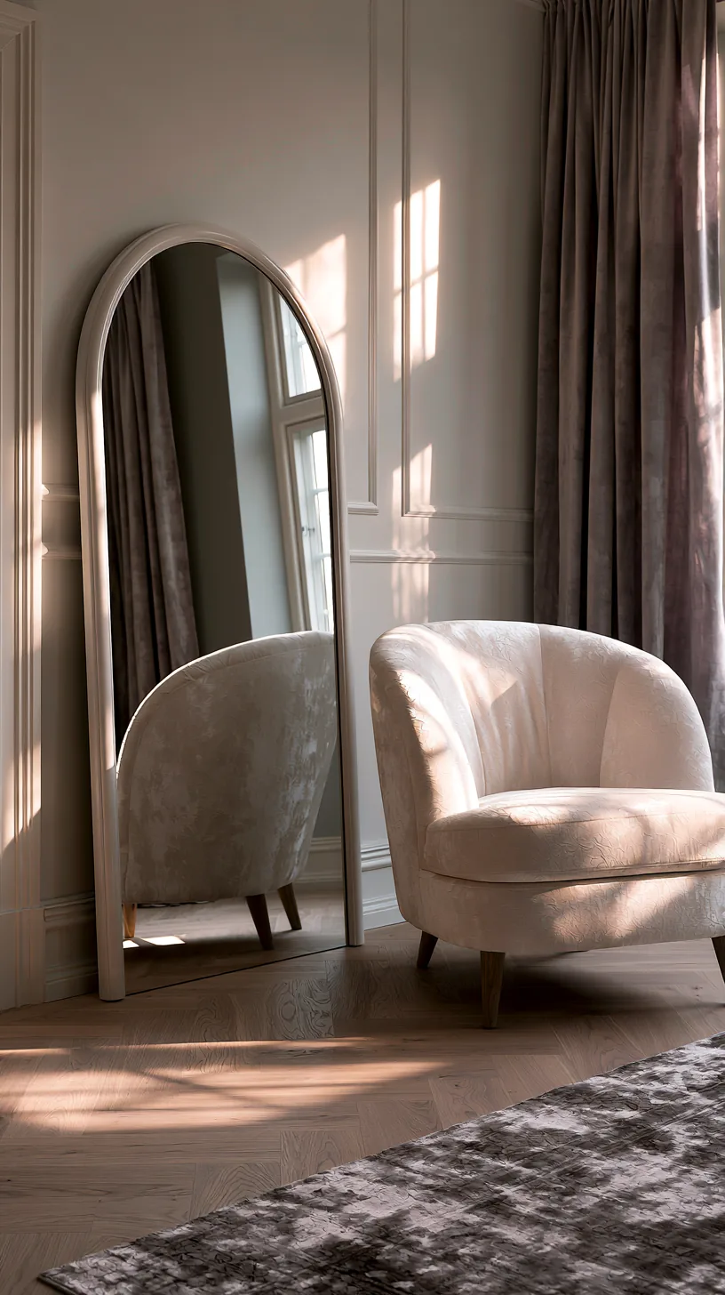 an arched mirror as a soft focal point in a grey and white living room, photo 3 of 4
