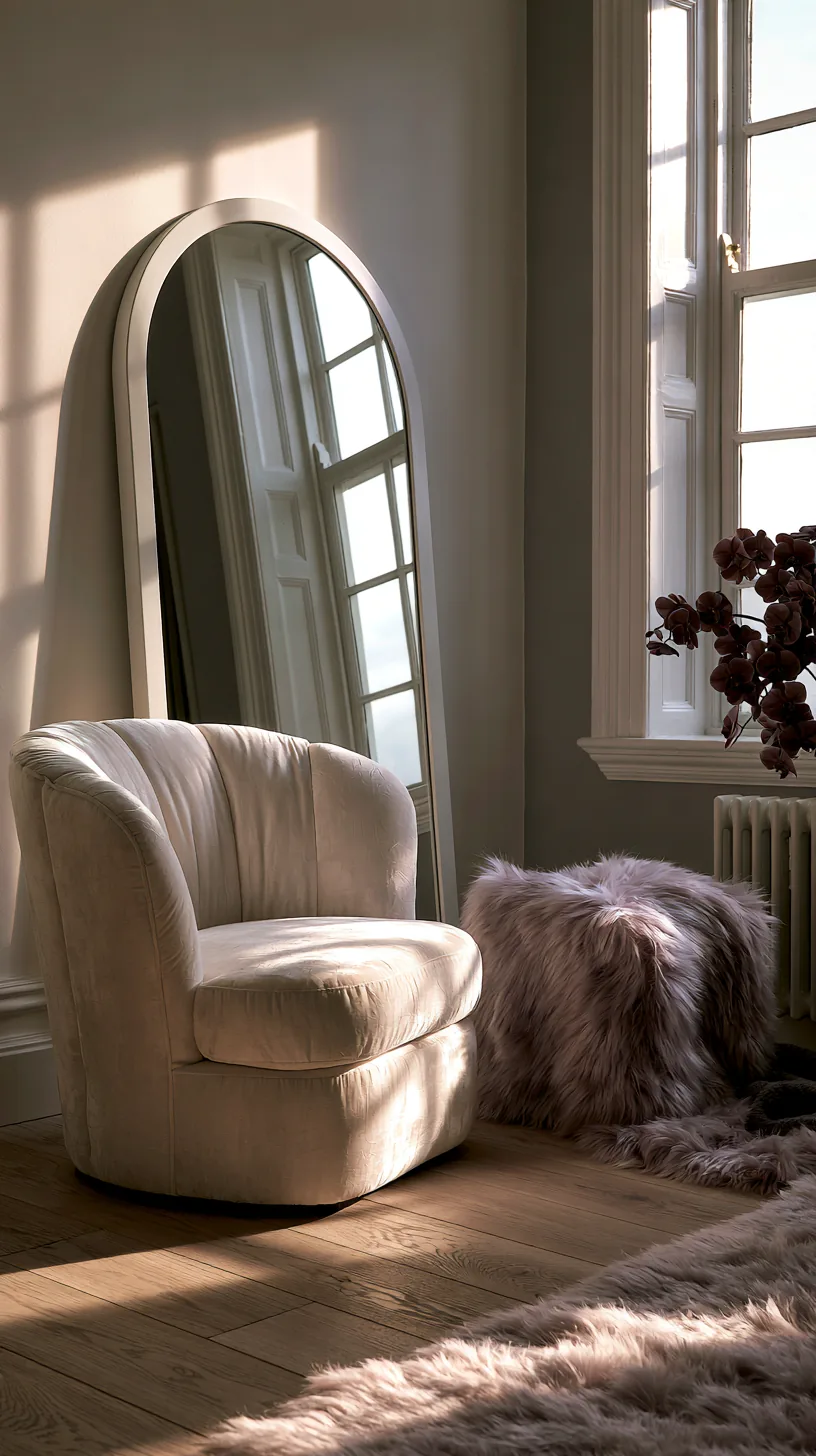 an arched mirror as a soft focal point in a grey and white living room, photo 4 of 4