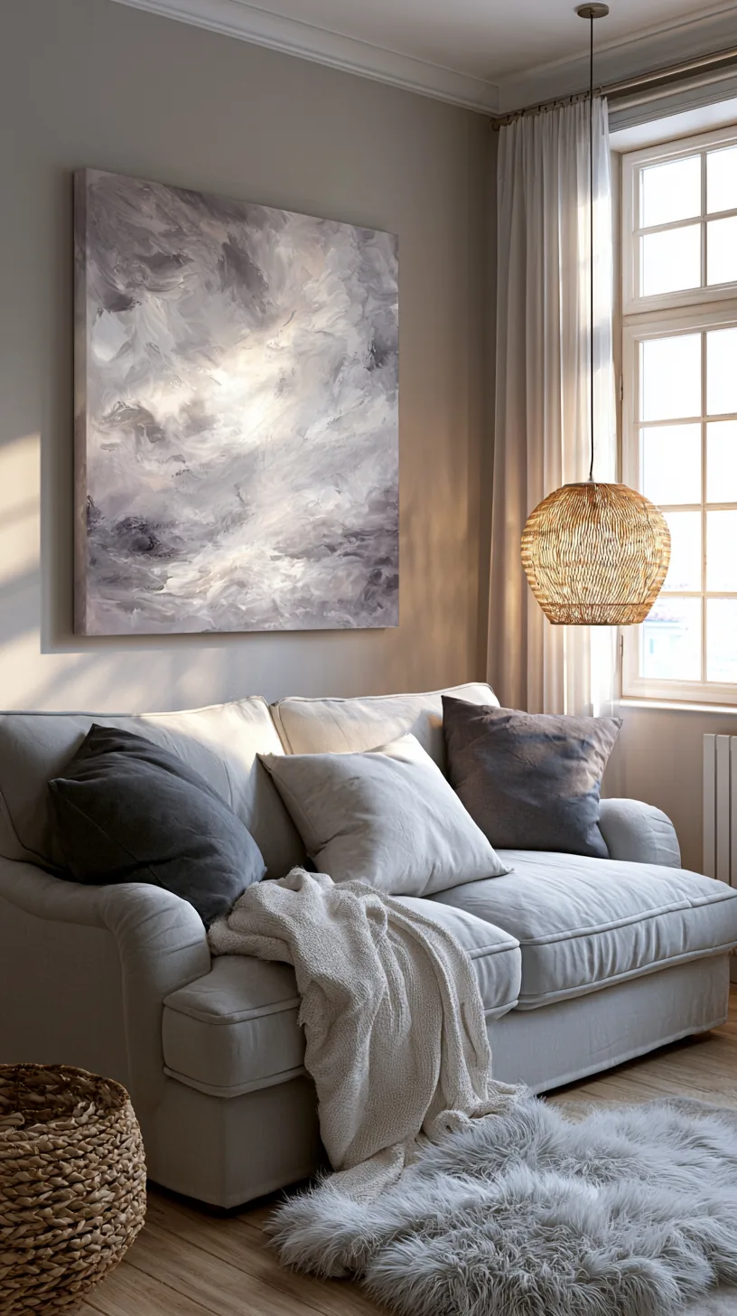 an oversized grey and white abstract canvas above a living room couch, photo 1 of 4
