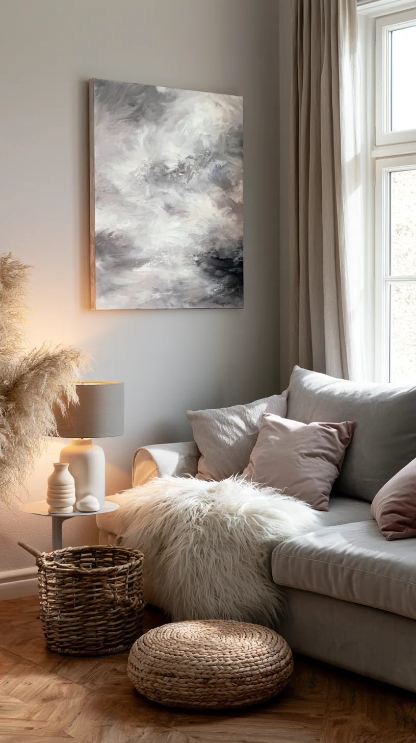 an oversized grey and white abstract canvas above a living room couch, photo 2 of 4