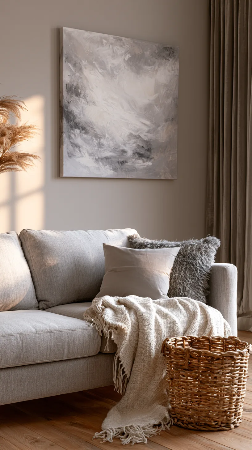 an oversized grey and white abstract canvas above a living room couch, photo 3 of 4