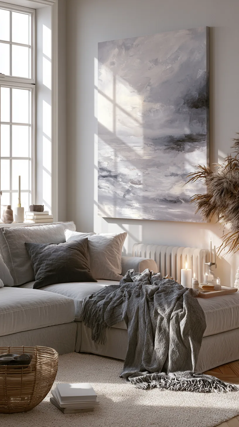 an oversized grey and white abstract canvas above a living room couch, photo 4 of 4