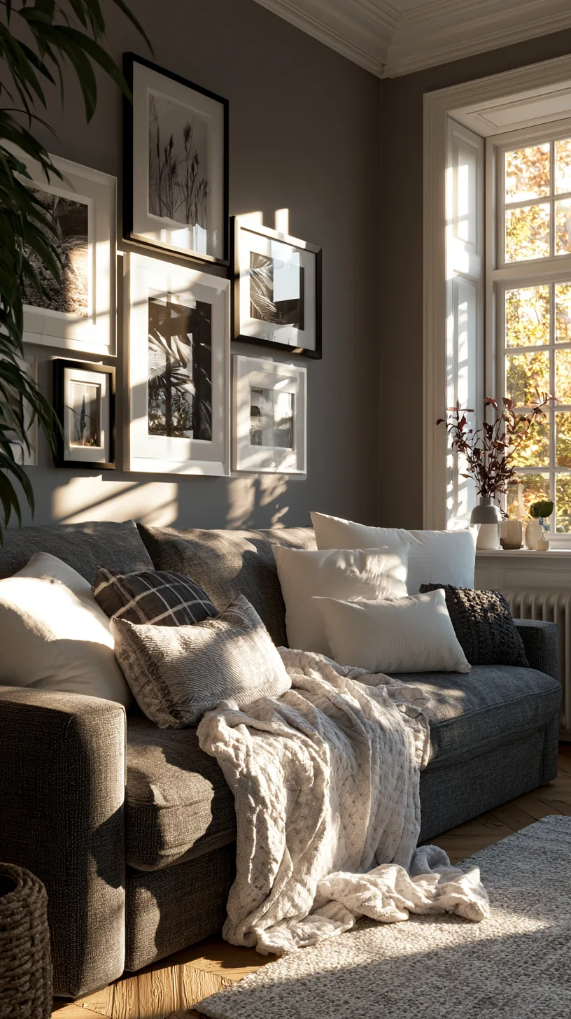 a monochrome gallery wall of framed prints in a grey and white living room, photo 1 of 4