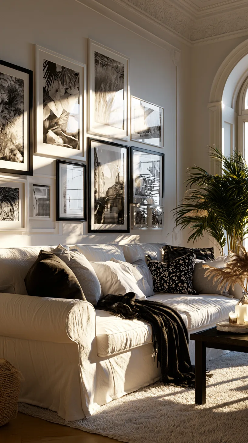 a monochrome gallery wall of framed prints in a grey and white living room, photo 2 of 4