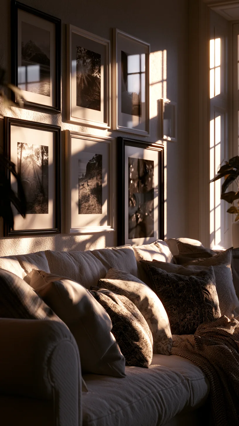 a monochrome gallery wall of framed prints in a grey and white living room, photo 3 of 4