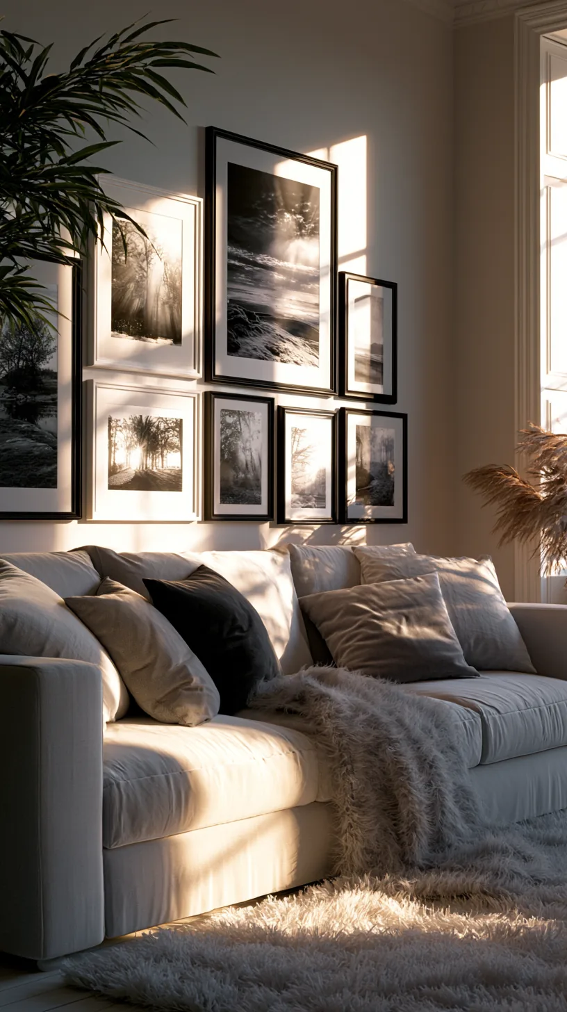 a monochrome gallery wall of framed prints in a grey and white living room, photo 4 of 4