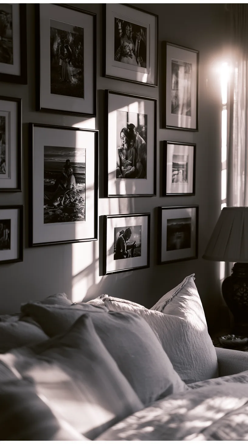 a black and white photo grid on a grey and white living room wall, photo 1 of 4