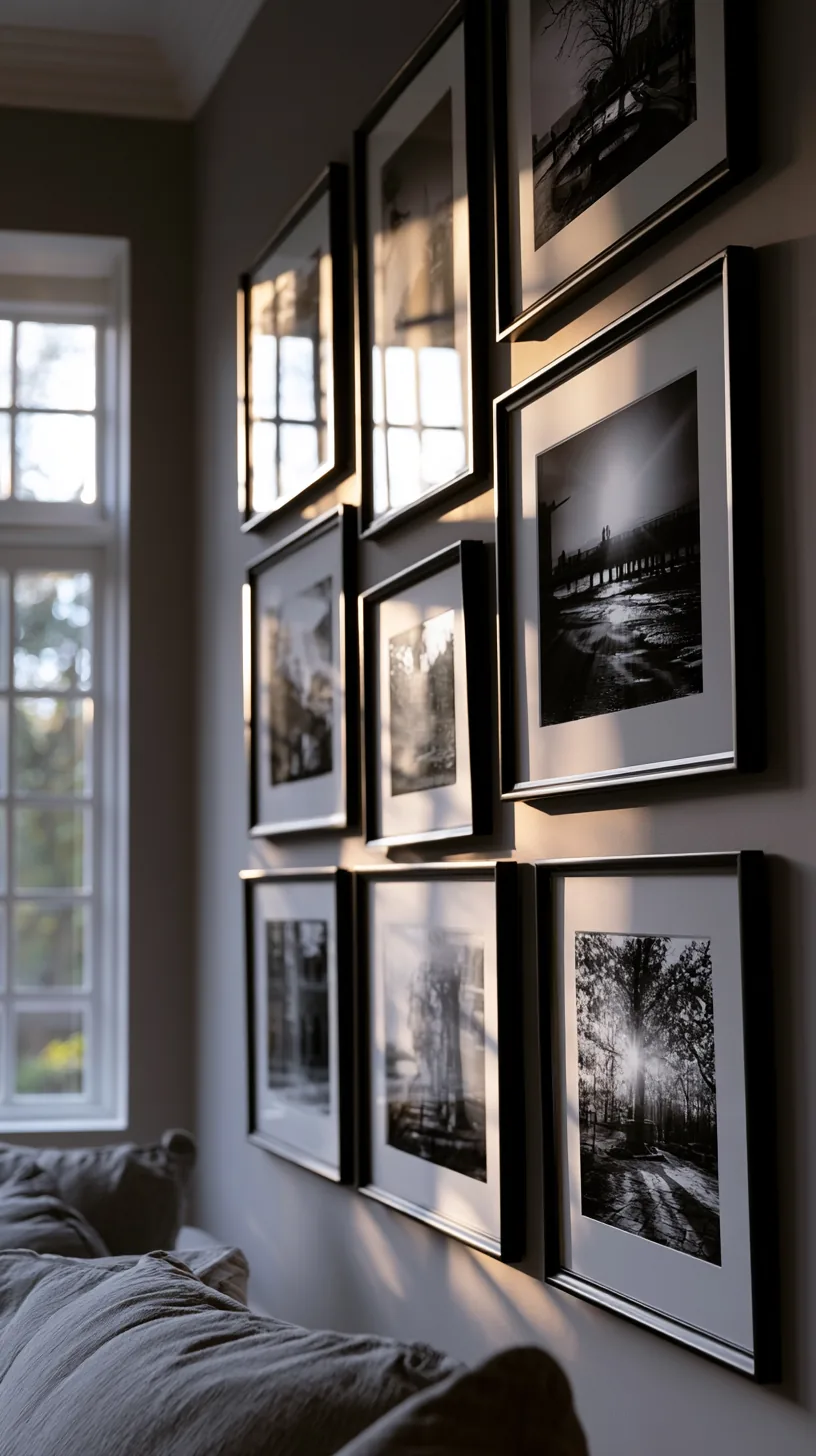 a black and white photo grid on a grey and white living room wall, photo 2 of 4